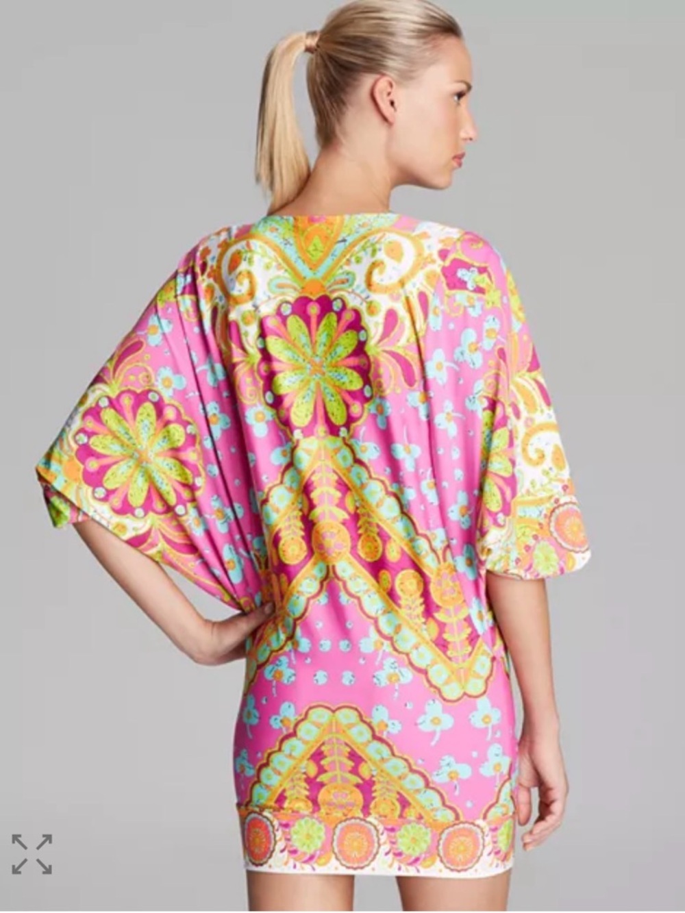 Trina Turk Woodblock Batik Boho Chic Pink Floral Swim Coverup Tunic Dress Size M - Picture 2 of 11